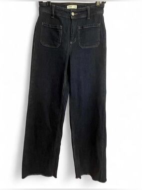 OAT New York Wide Leg Patch Pocket Jeans High Rise Raw Hem Dark Wash 0 25 Denim